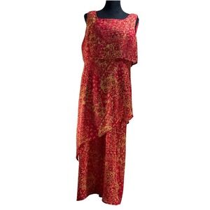 NY Sake Women's Maxi Dress Size 16 Sleeveless Red Gold Paisley‎ Party Cruise
